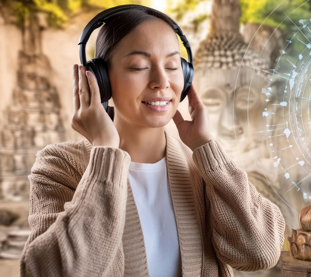 Someone-listening-with-buddha-in-background